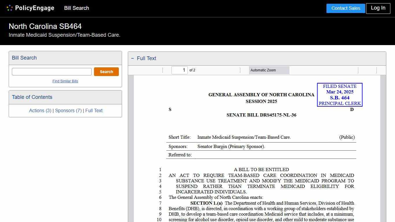 SB464 North Carolina 2025-2026 Inmate Medicaid Suspension/Team-Based Care. - Legislative Tracking PolicyEngage